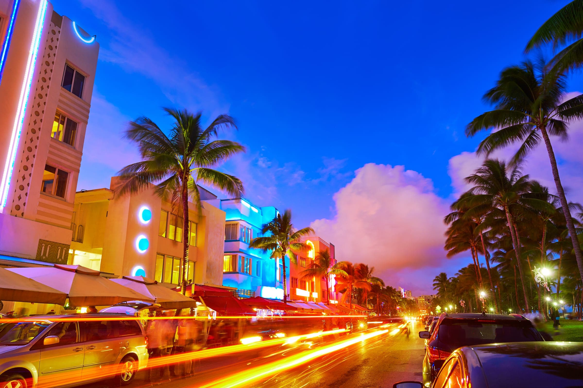 Ocean Drive at night — neon lights and luxury